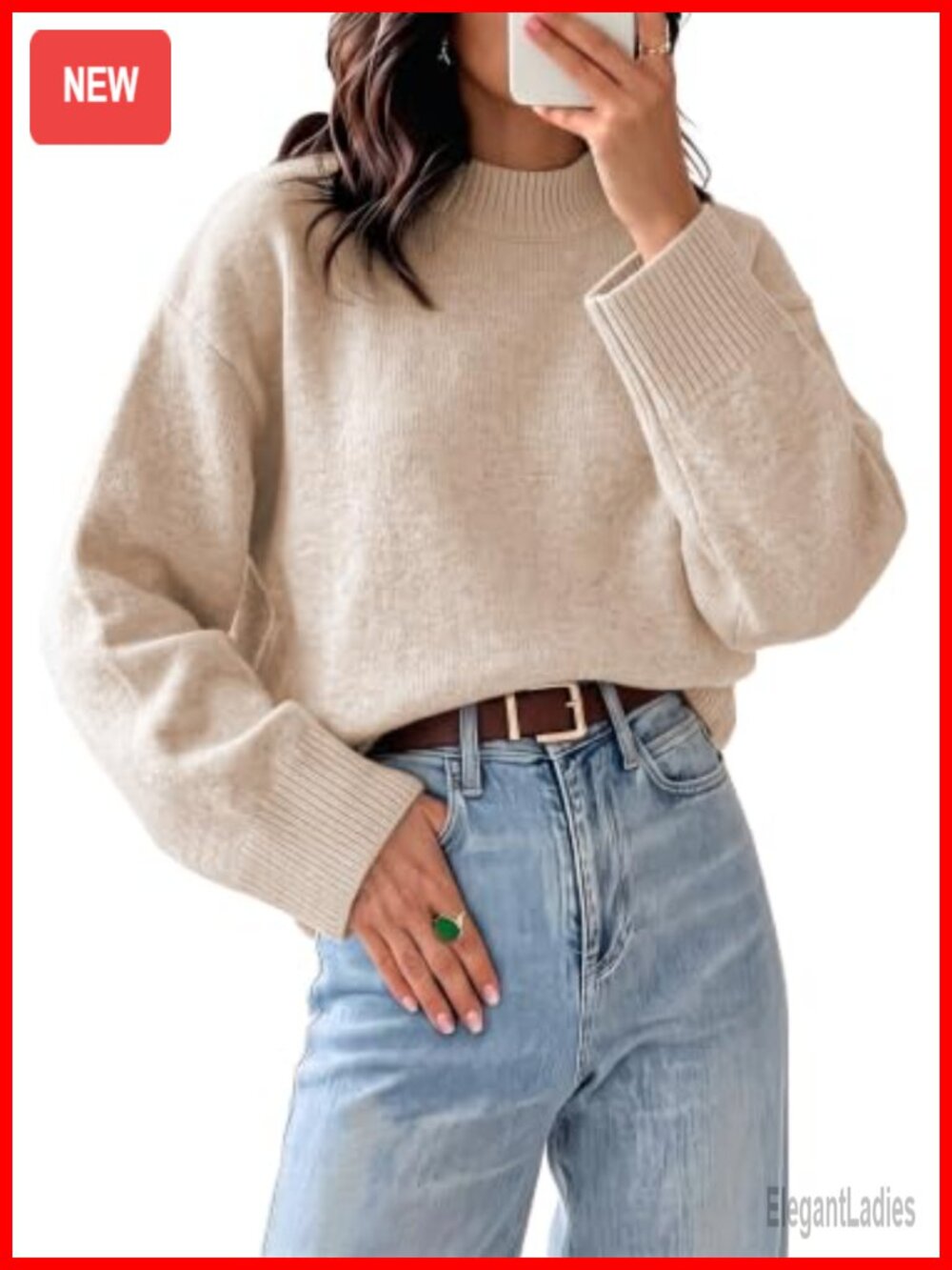 Oversized Mock Neck Batwing Sleeve Knit Pullover Sweater